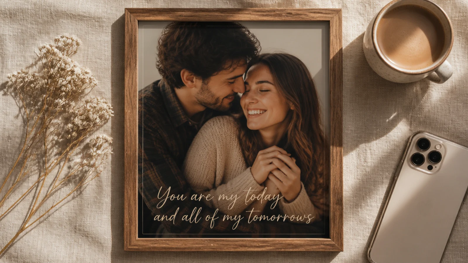A photo with a short love phrase written across the lower area in flowing cream script and a thin border.