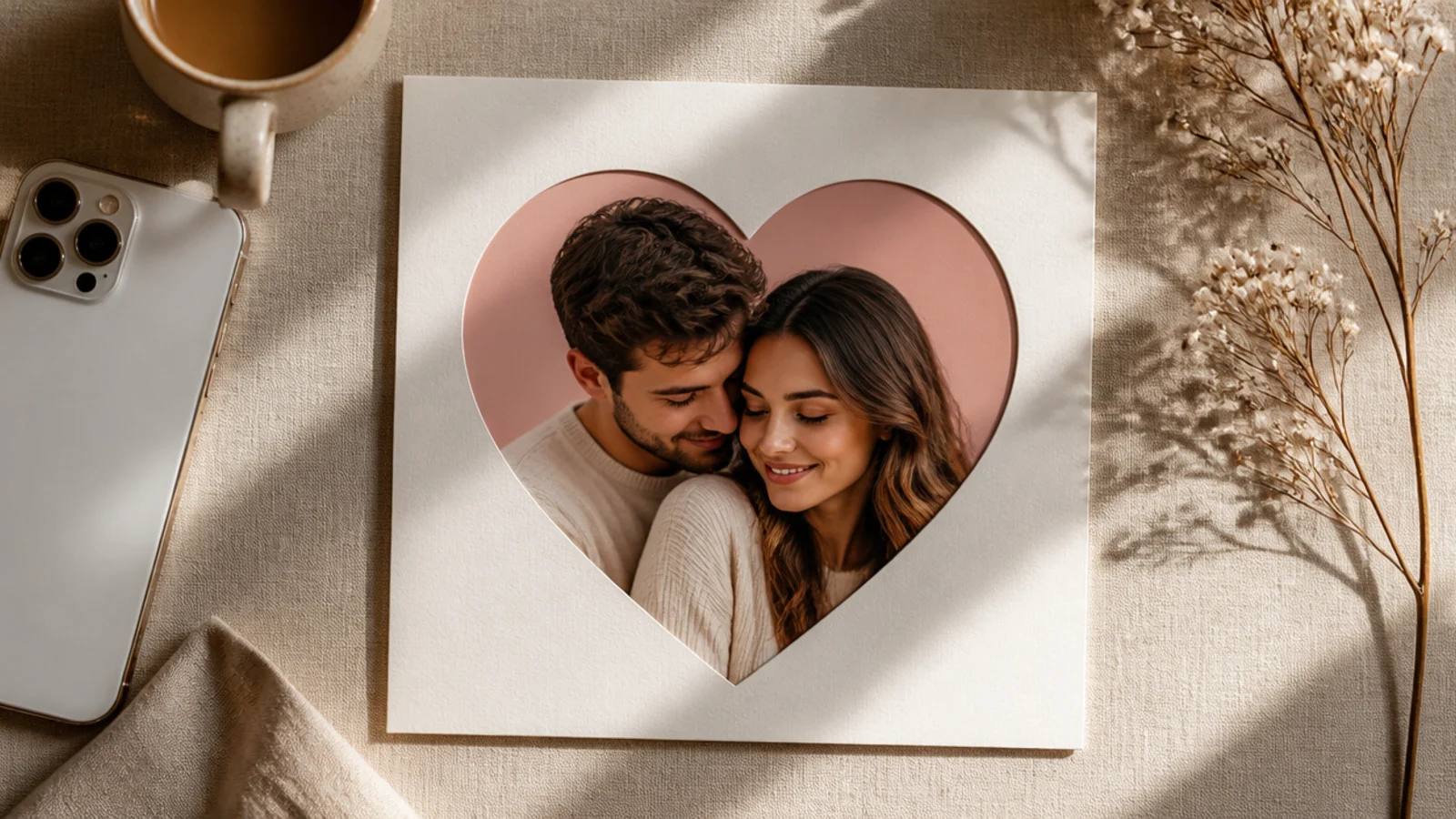 A couple photo cropped into a soft heart shape, centered on a blush background with even space around it.