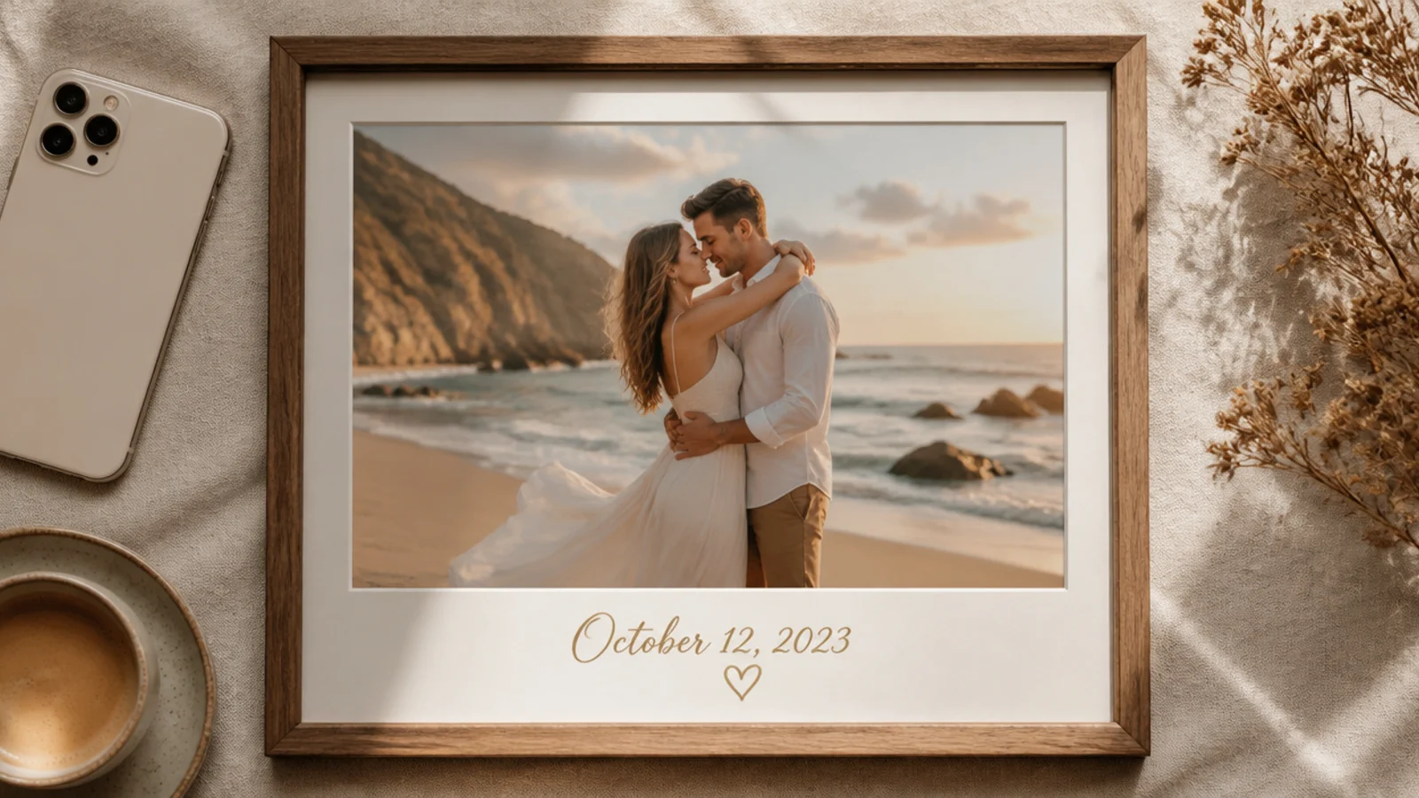 A photo with an elegant anniversary date and a small heart in a gold script across the bottom on a cream bar.