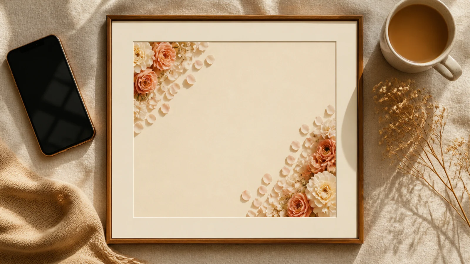 A photo with soft rose petals and blooms clustered in two opposite corners on a cream mat.