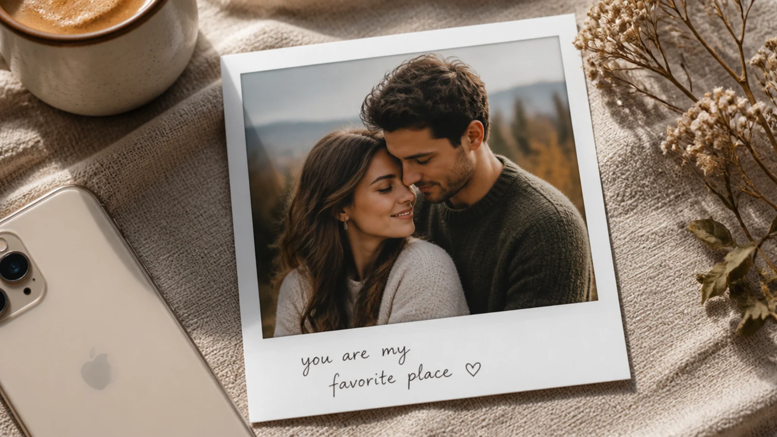 A couple photo in a polaroid frame with a handwritten note and a tiny heart in the wide bottom strip.