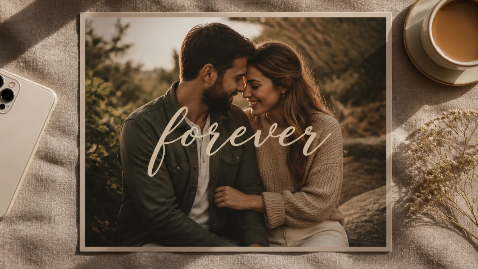 A couple photo with a single large word in flowing cream script centered over it and a thin border.