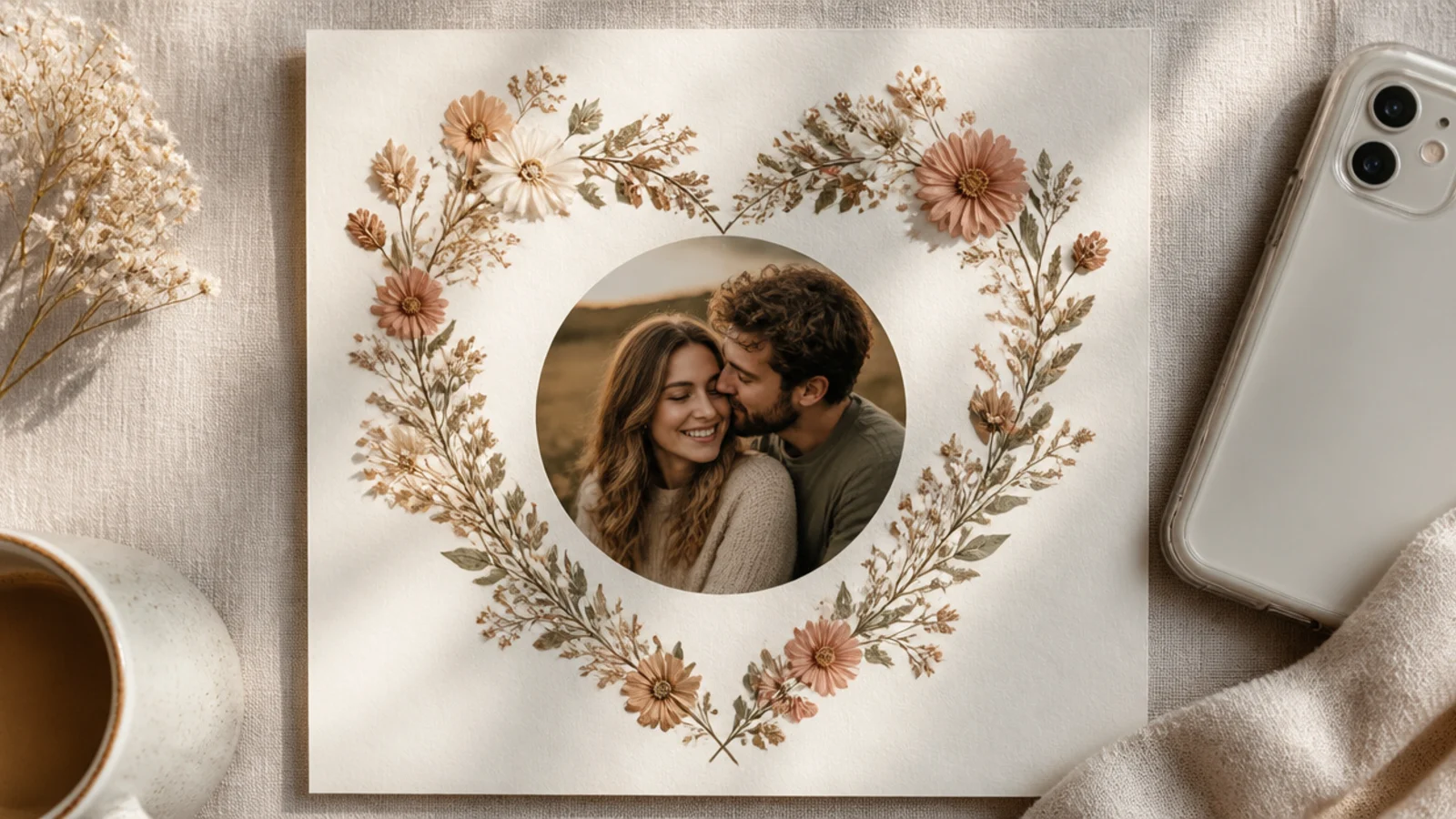 A couple photo cropped into a circle surrounded by a delicate floral wreath shaped like a soft heart.