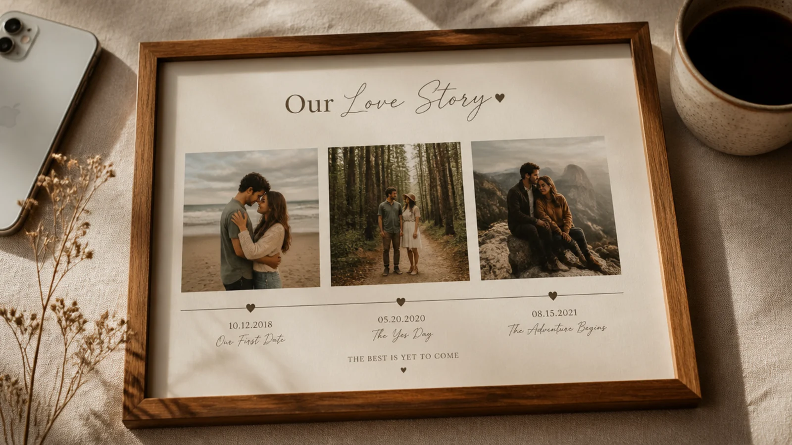 A cream post with three small photos along a thin timeline line with dates marking relationship milestones.