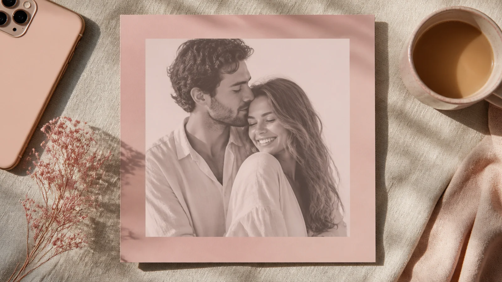 A couple photo recolored in a soft blush-and-cream duotone, framed by a matching blush border.