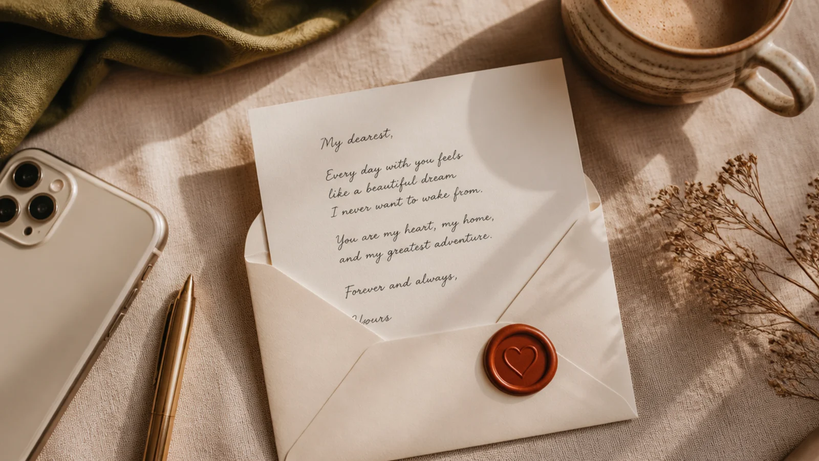 A photo styled as a love letter peeking out of a cream envelope with a wax-seal heart in the corner.