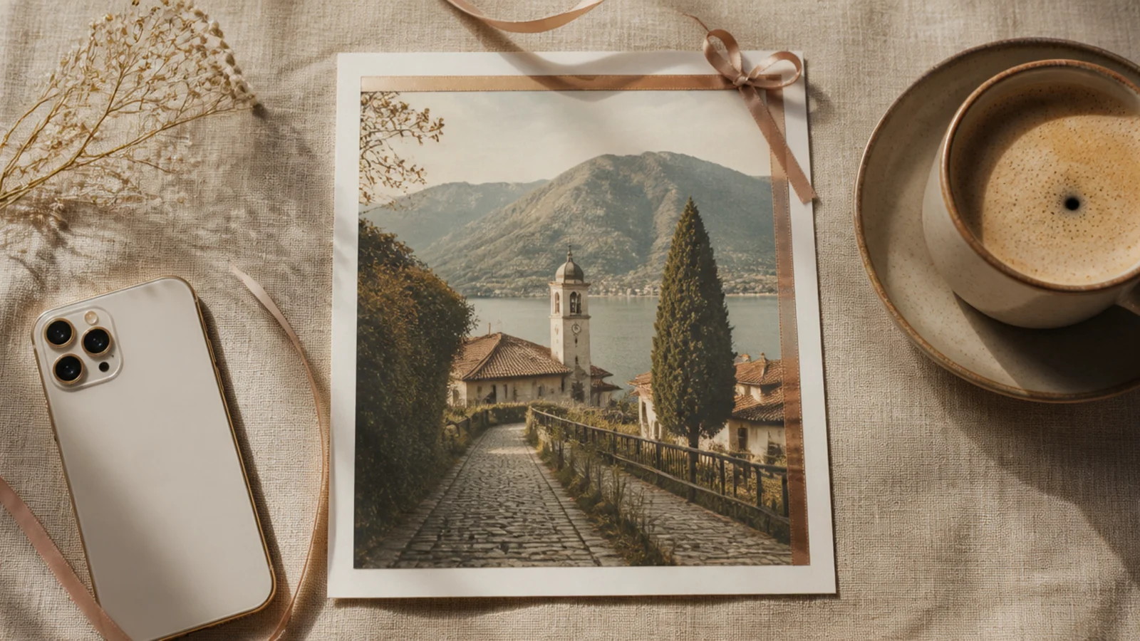 A photo with thin satin ribbon along two edges tied into a small heart-shaped bow in one corner.