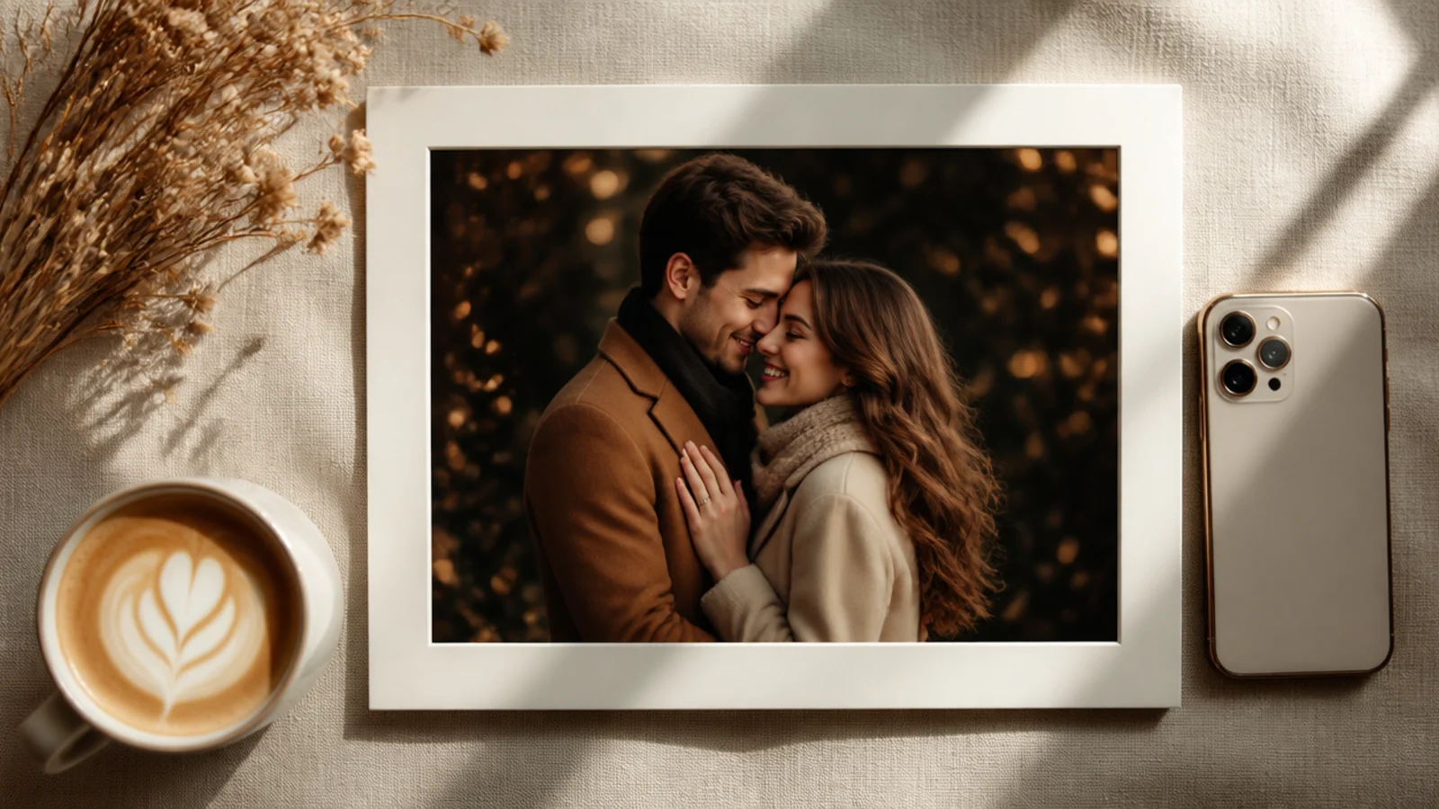 A couple photo on a dark background framed by warm glowing bokeh lights and tiny sparkles around the edges.