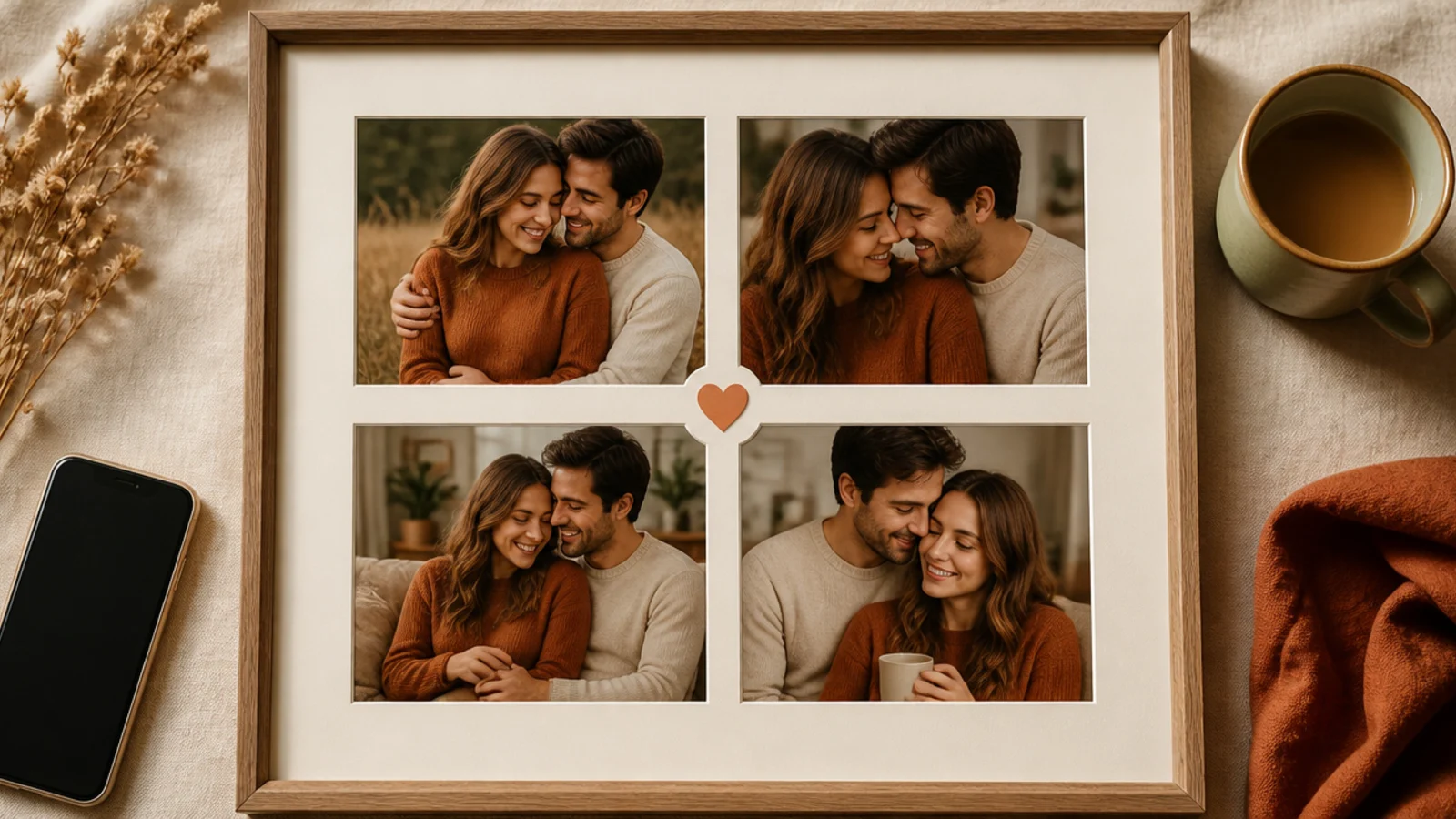 Four couple photos in a two-by-two grid with a small heart in the center gap on a cream frame.