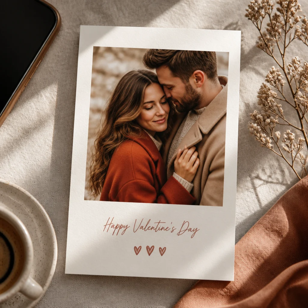 A cream card with a photo, a short Valentine greeting in script, and small hearts, floated with a soft shadow.
