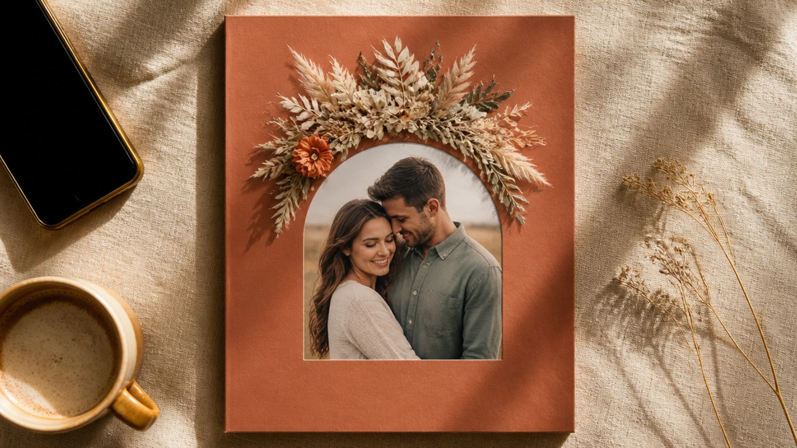 A couple photo cropped into an arch with muted dried florals and pampas around the top on a terracotta mat.
