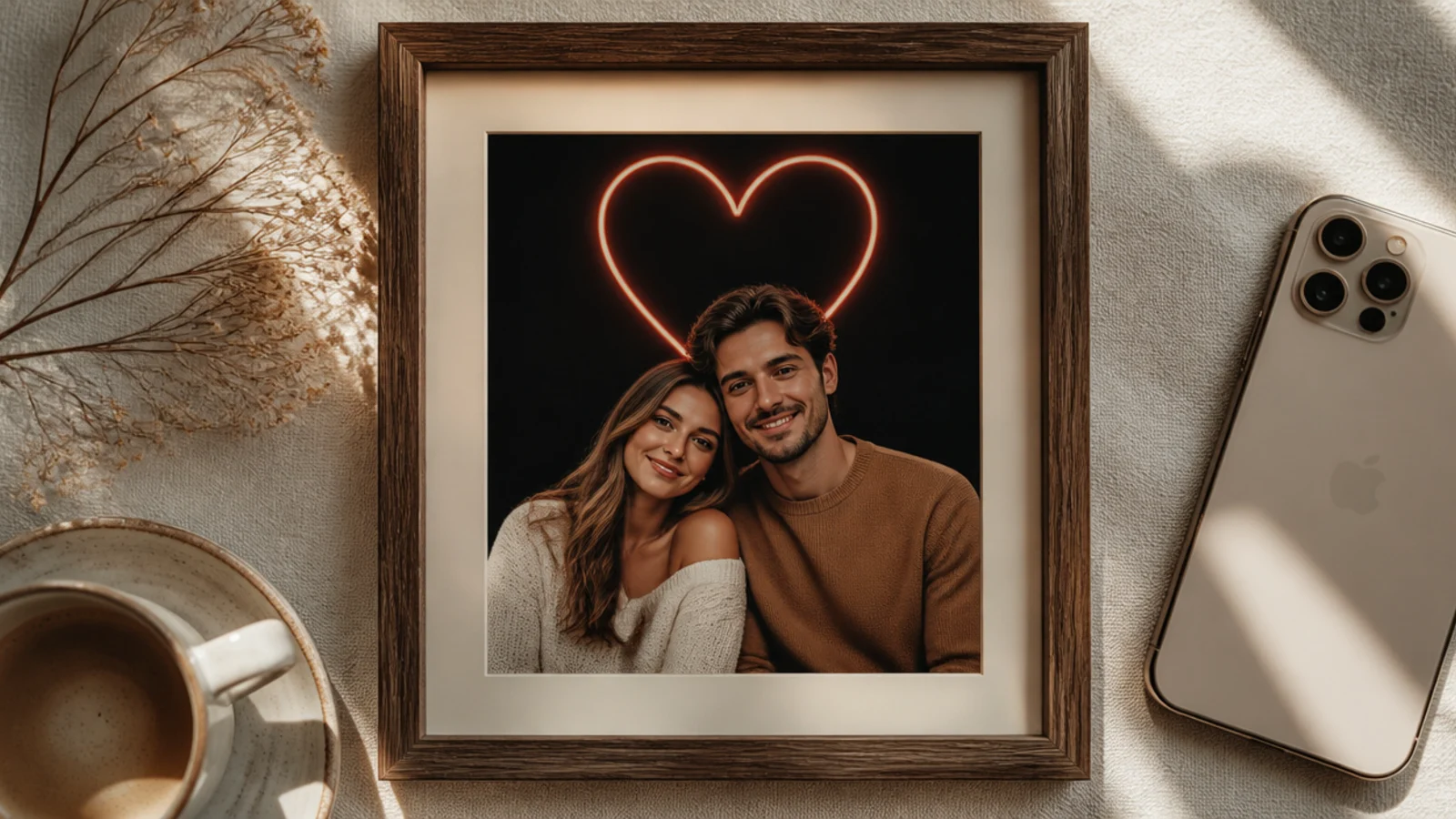 A couple photo on a dark background with a glowing neon heart outline in warm coral above them.