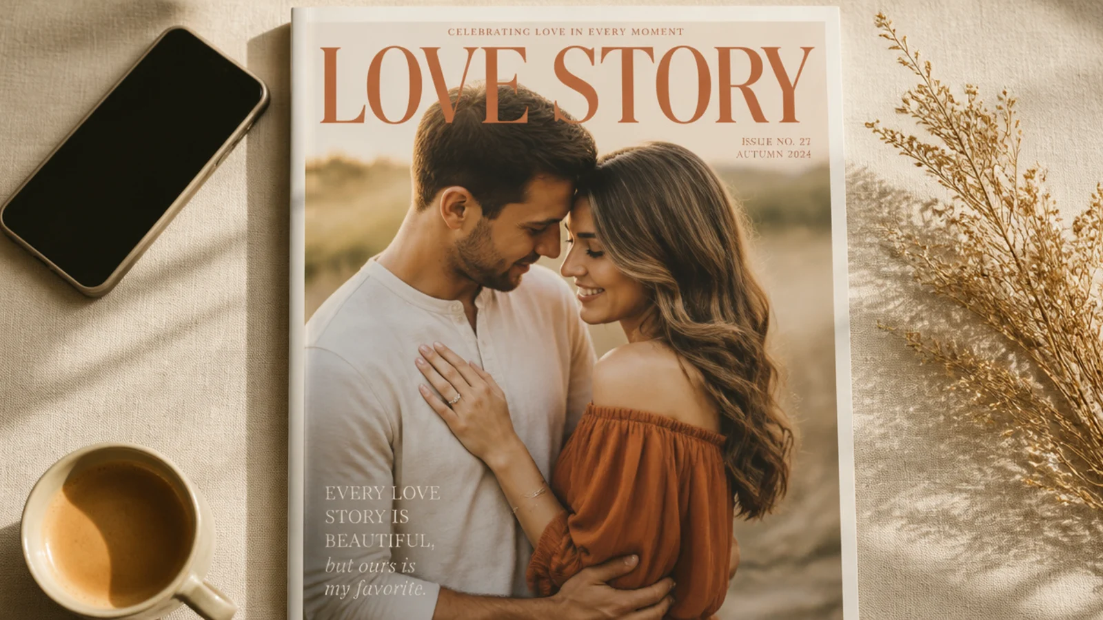 A full-bleed couple photo styled like a magazine cover with a large serif masthead and a small love tagline.