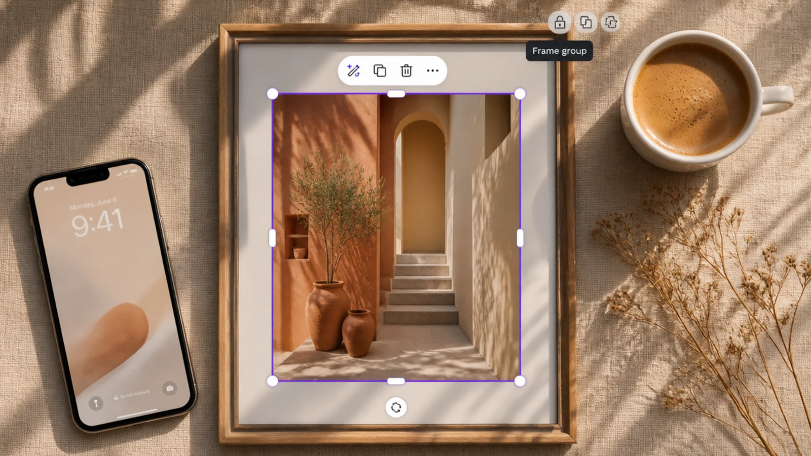 A framed post in Canva with the frame layer grouped and locked, a small lock icon showing, and the photo layer selected.