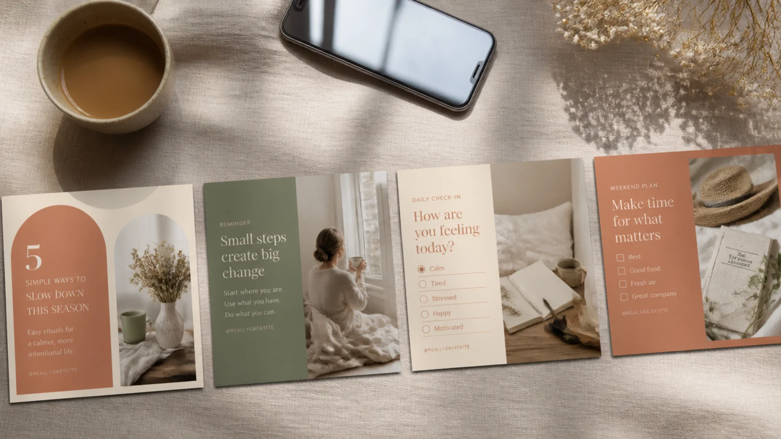 A Canva project with several framed posts laid out as pages in a row, all sharing the same layout and palette.