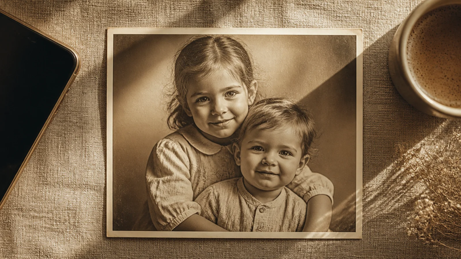 A photo washed in a soft warm sepia tone with a thin cream border, like an old photograph.