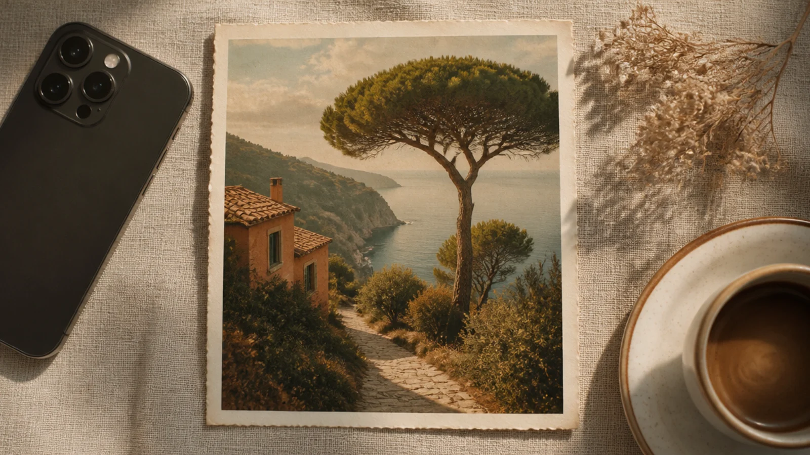 A photo with a white deckled, slightly rough-cut border on all sides, tinted warm like a 1950s print.