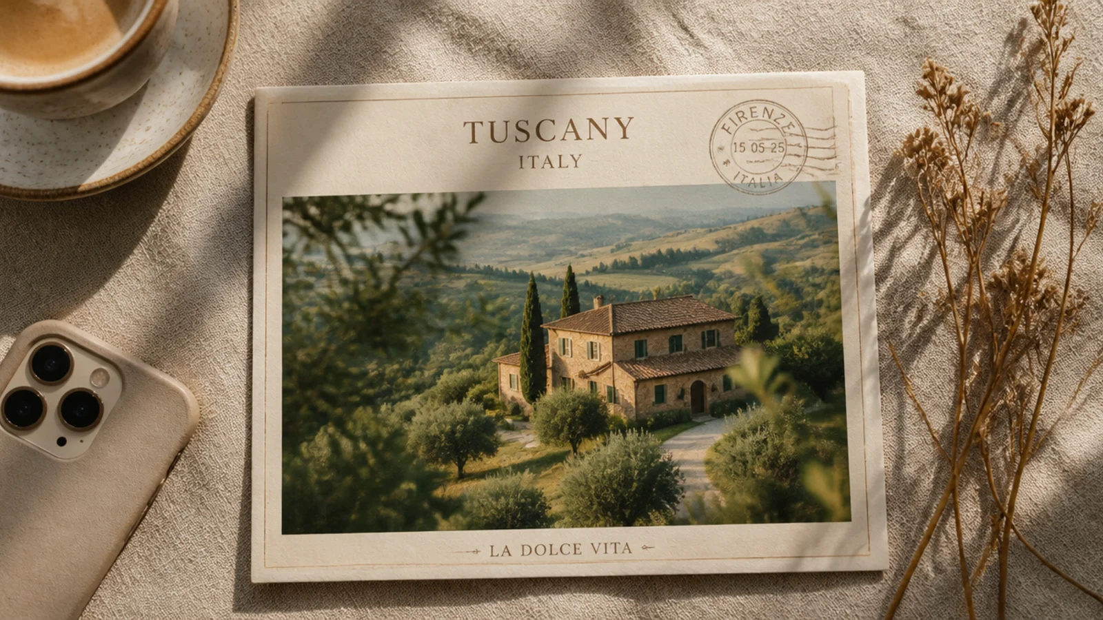 A photo styled as an old postcard with a cream border, a retro place-name in serif type, and a faint postmark.