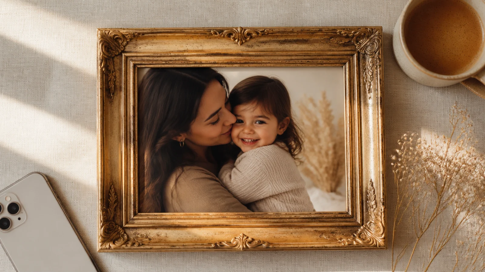 A photo set inside an ornate antique gold frame with tarnished, aged detailing on a warm cream background.