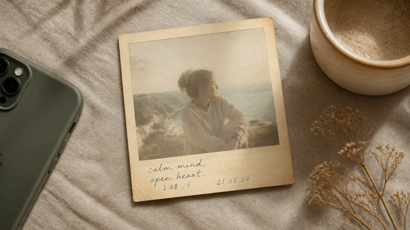 A photo in a yellowed polaroid frame with a faded, low-contrast image and a handwritten note in the bottom strip.