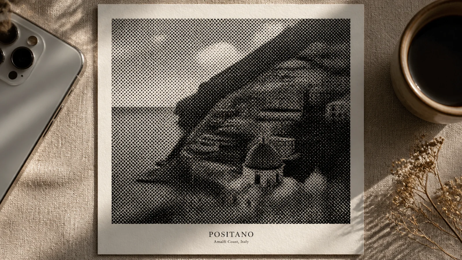 A photo rendered in a black-and-white halftone dot pattern with a cream border and a small serif caption.