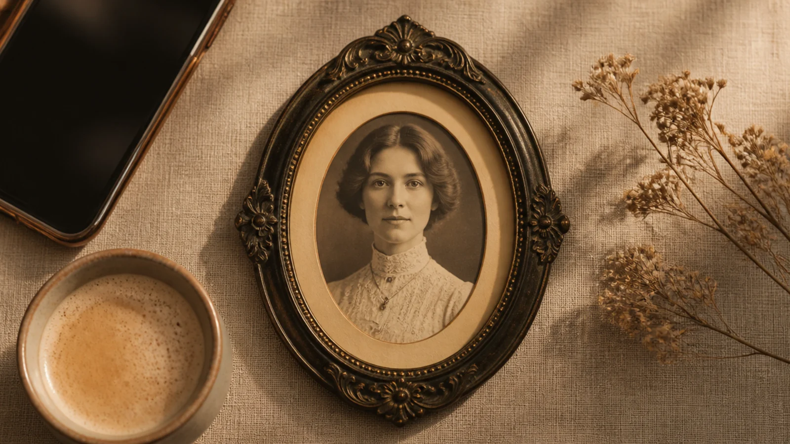A sepia photo cropped into an oval inside an ornate dark antique locket-style frame on a warm cream mat.