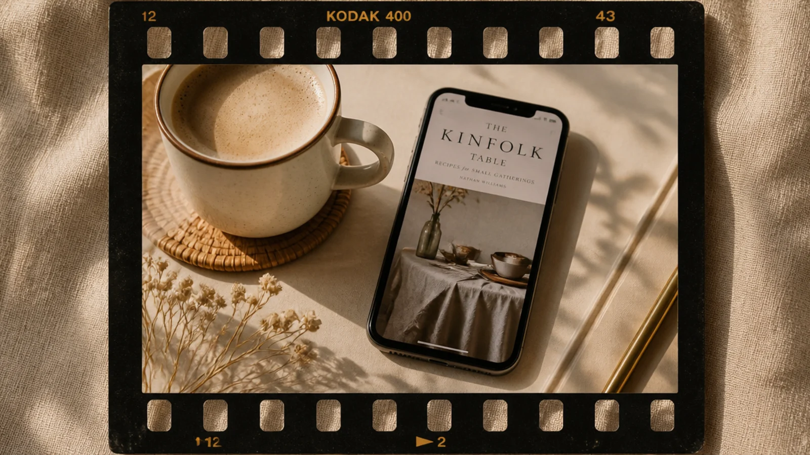 A warm-toned photo set in an aged film-strip frame with sprocket holes, frame numbers, and light grain.
