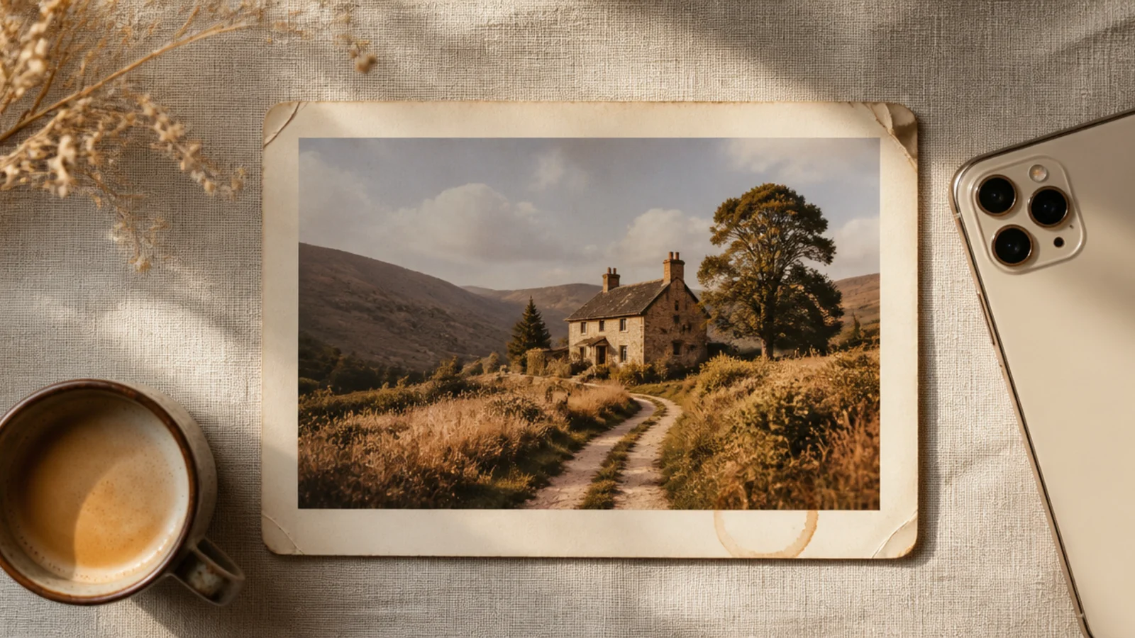 A photo mounted on a distressed, stained cream paper with worn edges and a faint coffee-ring mark.