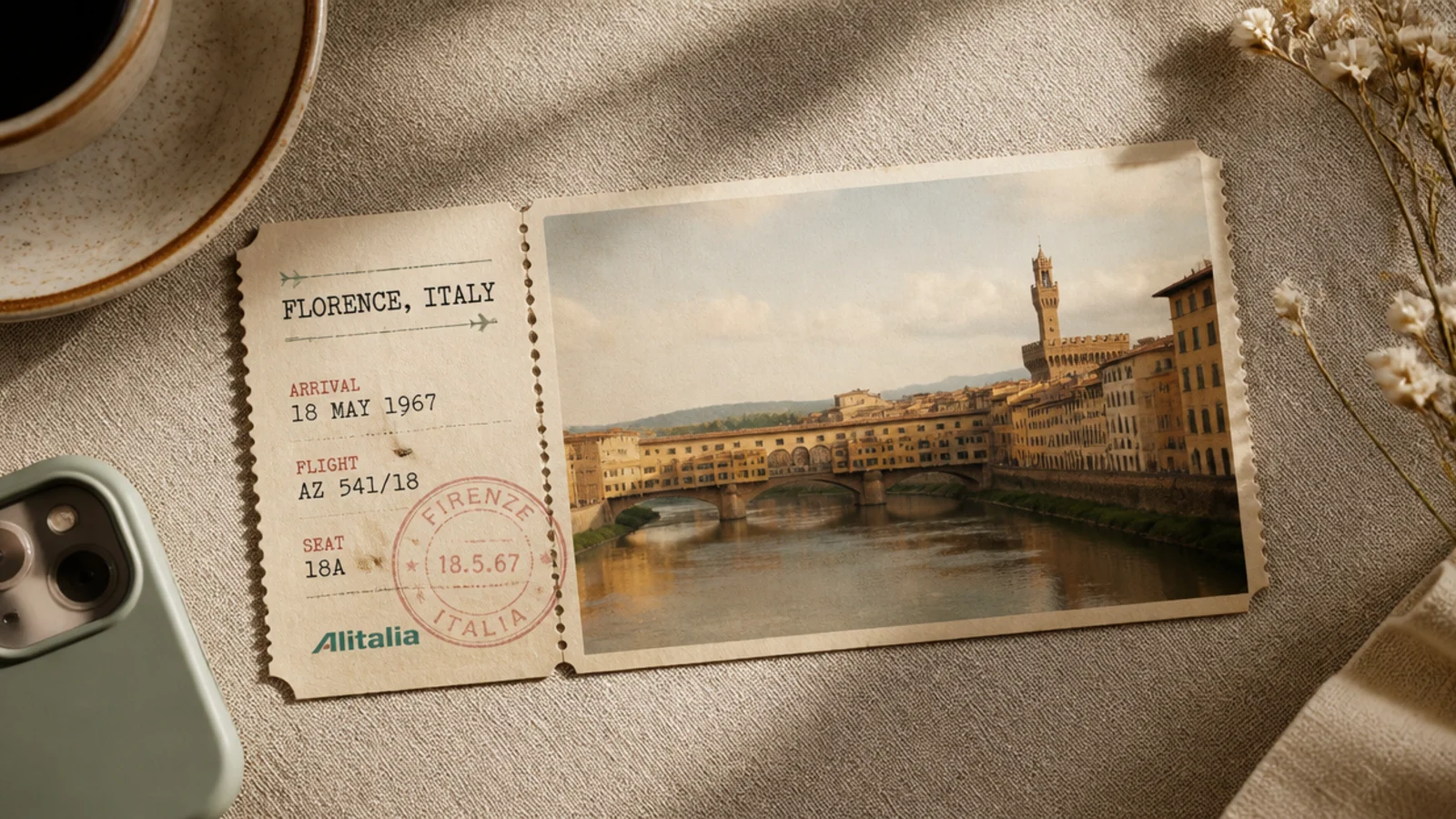 A photo styled as an old travel ticket with perforated edges, typewriter text, and a faded stamp.