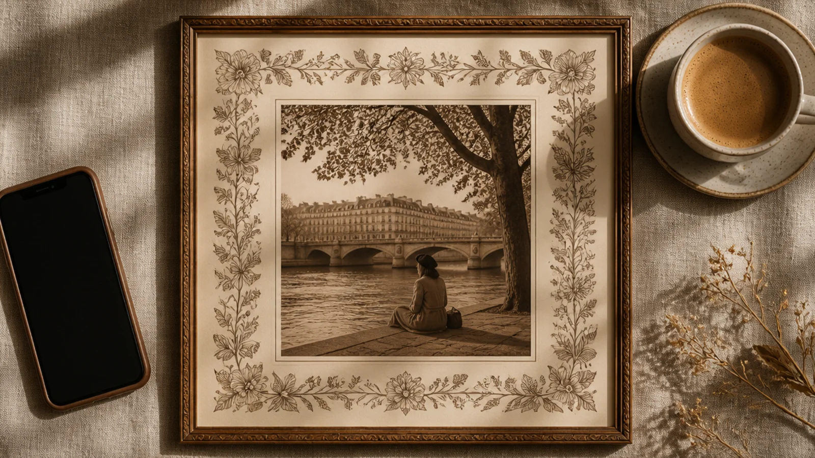 A sepia photo framed by a detailed antique botanical engraving border in faded sepia ink on a cream mat.