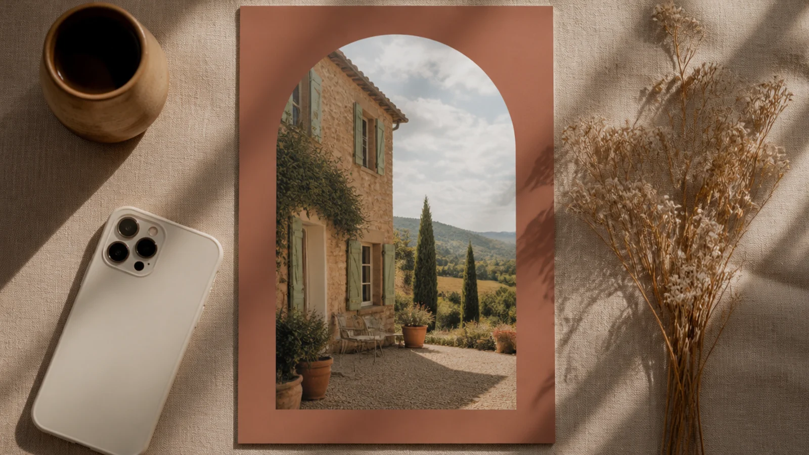 A photo cropped into a tall rounded arch, centered on a terracotta background with even space around it.