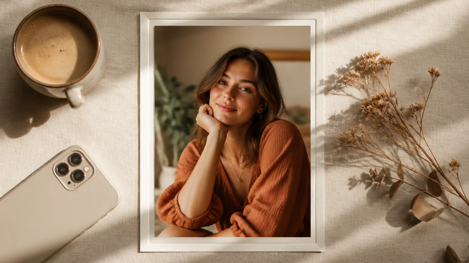 A photo surrounded by a single thin charcoal line border with an even margin on a cream background.