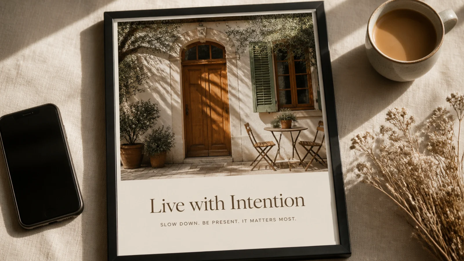 A photo with a solid cream bar across the lower third holding a short serif headline and a small sans line.
