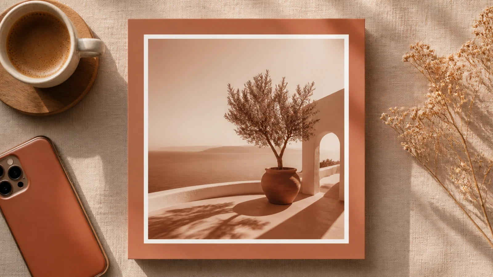 A photo recolored in a terracotta-and-cream duotone, framed by a matching solid border.