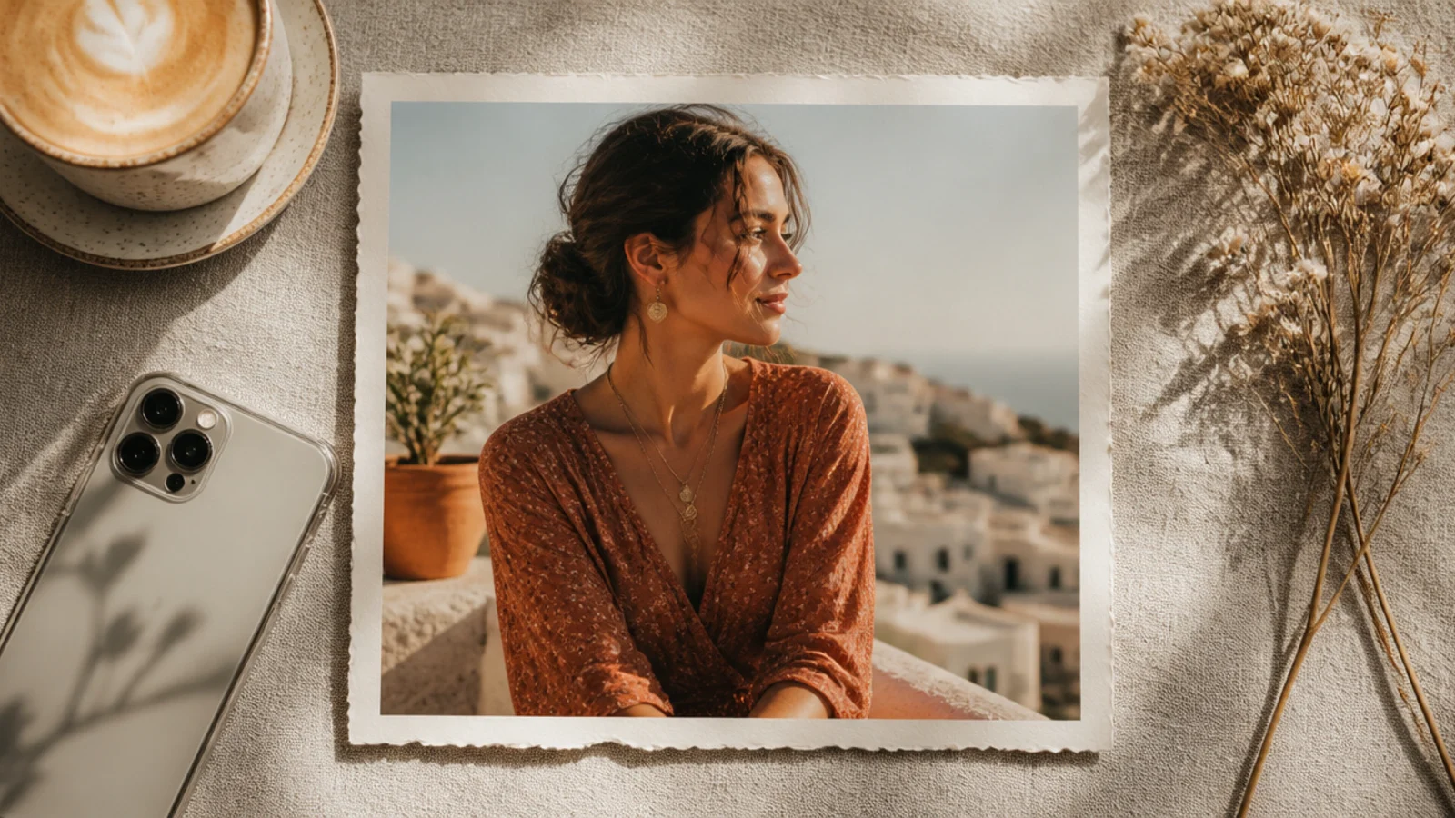 A photo layered over textured cream paper with rough torn deckled edges showing around all sides.