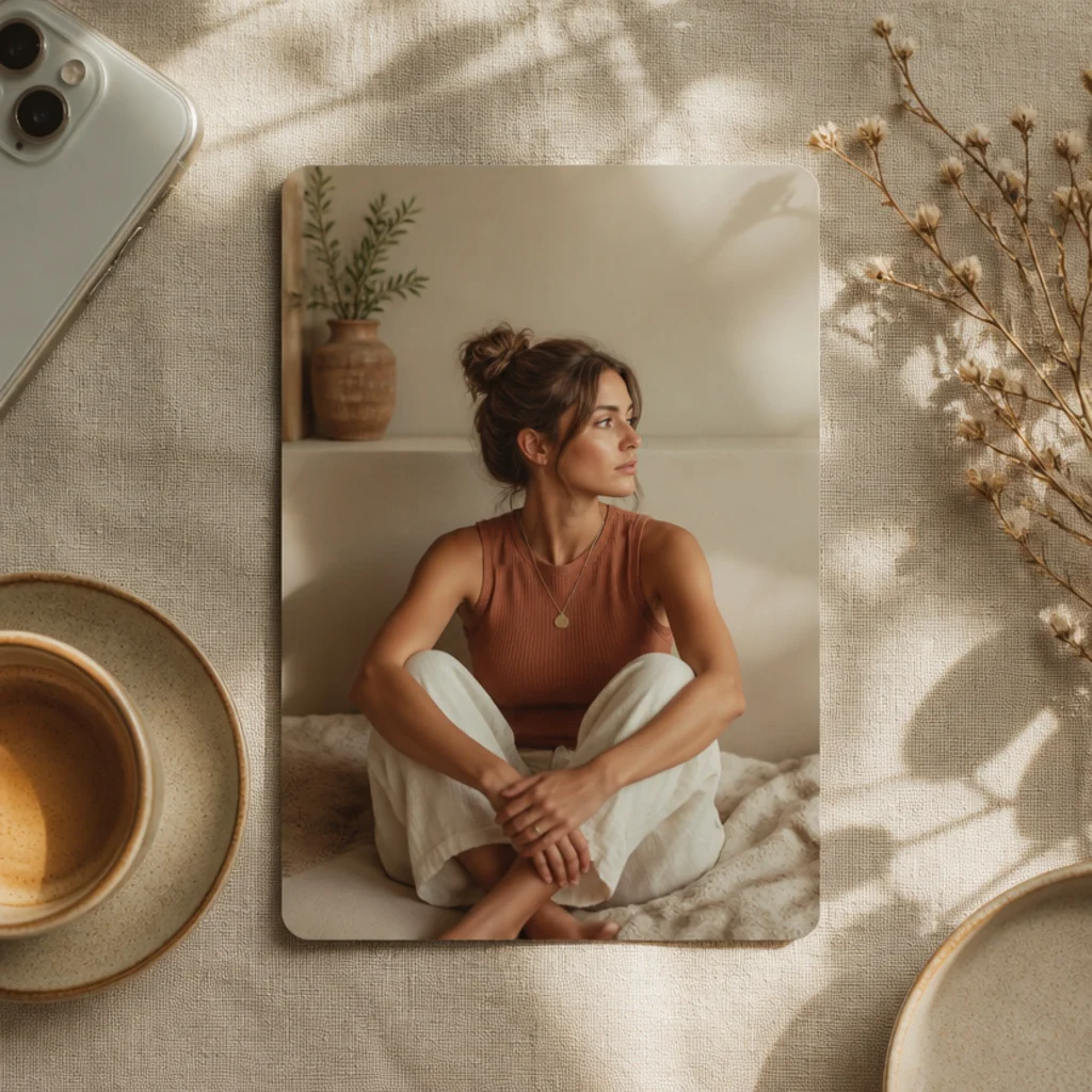 A photo inside a rounded-corner card with a soft shadow floated on a cream background.