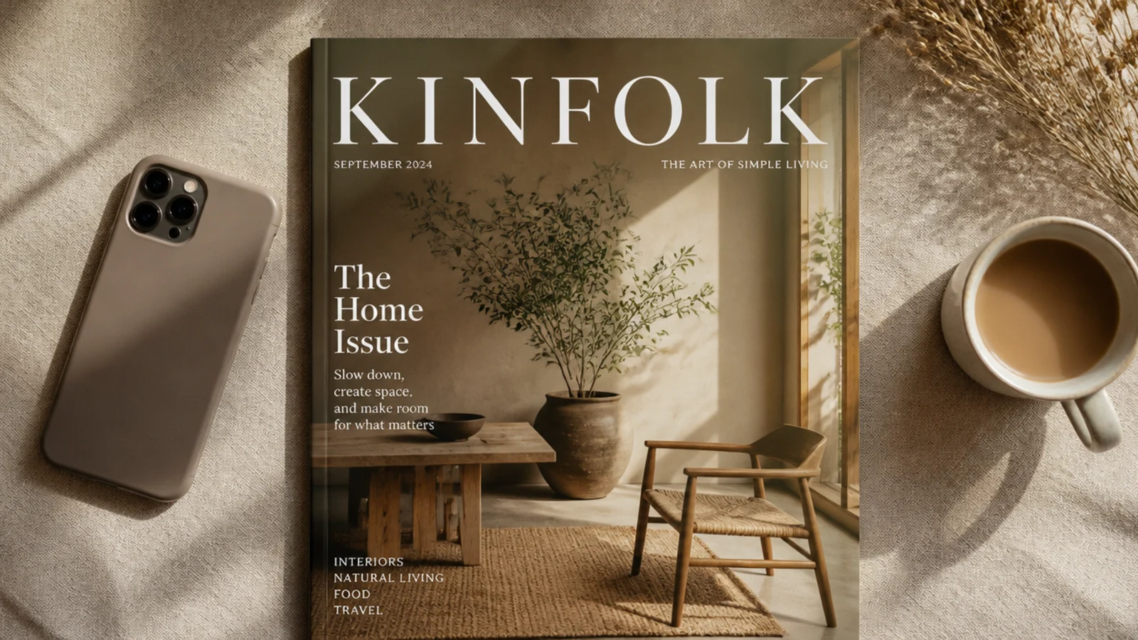 A full-bleed photo with a large serif masthead across the top and a small tagline, like a magazine cover.