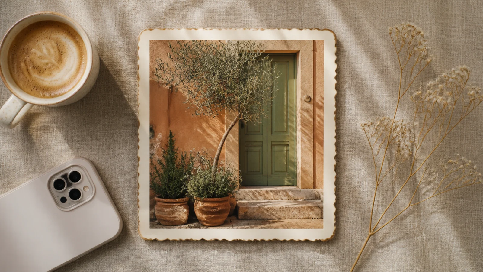 A photo with a decorative scalloped cream border curving around all four edges like a vintage print.