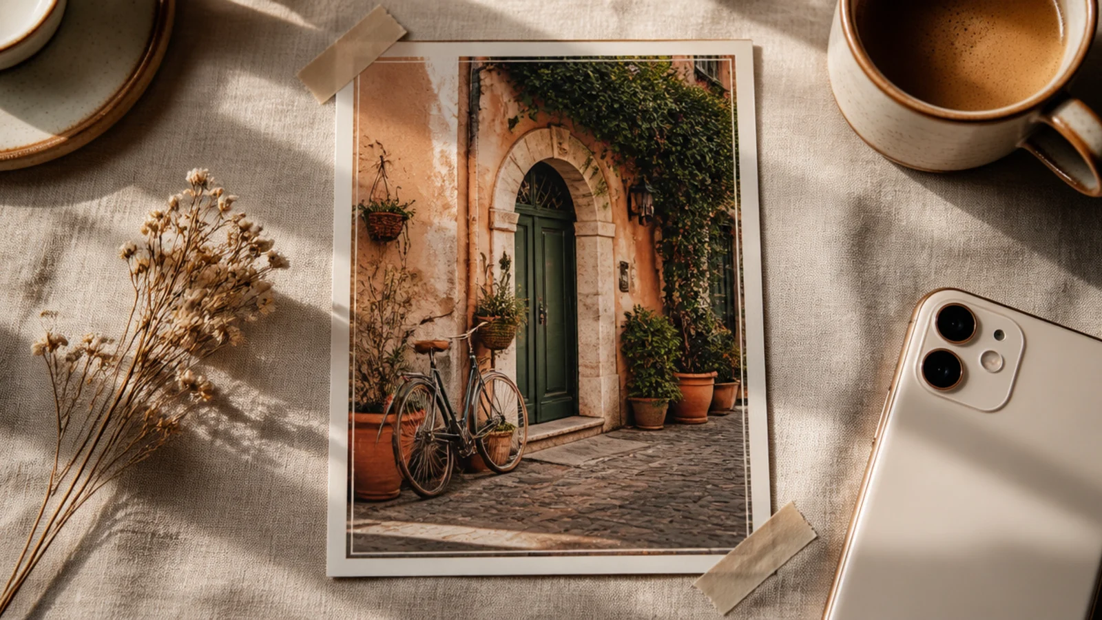 A photo with a thin border and small muted washi-tape strips angled across two opposite corners.