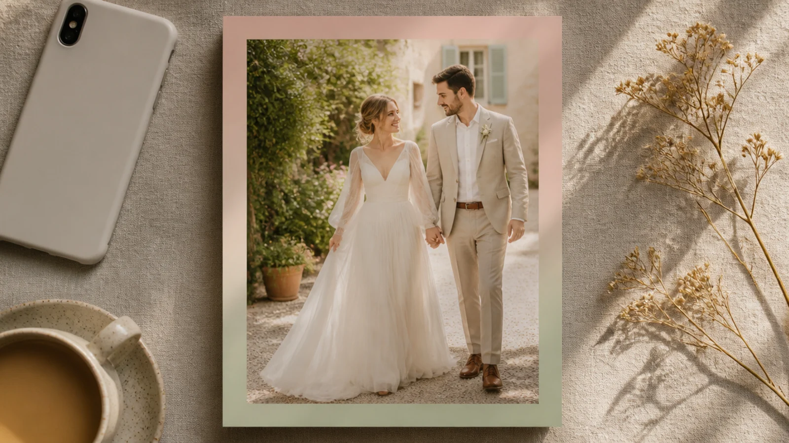 A photo framed by a soft border that fades from dusty blush at the top to pale sage at the bottom.