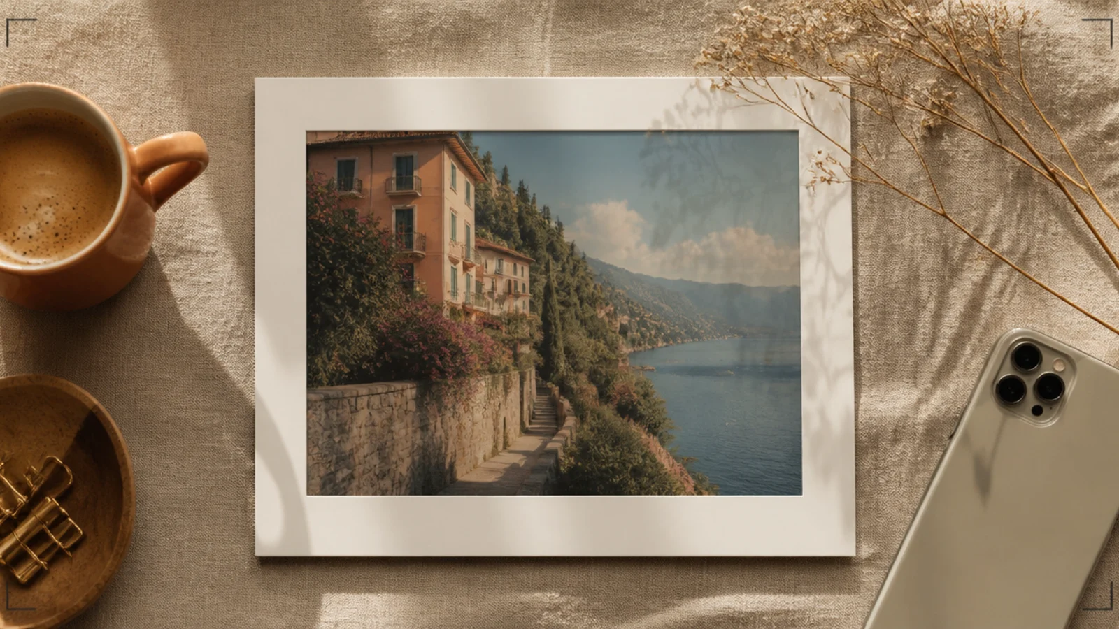 A full-bleed photo marked with four small L-shaped charcoal corner brackets like a viewfinder.
