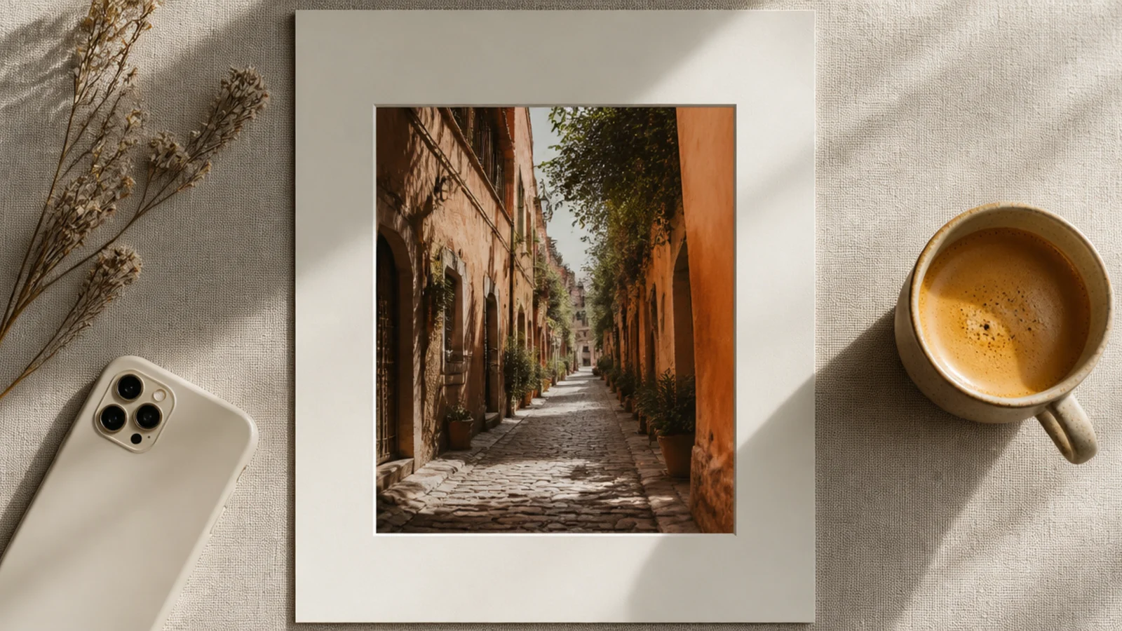 A photo centered on a cream mat with an even wide border of blank space framing it like a gallery print.