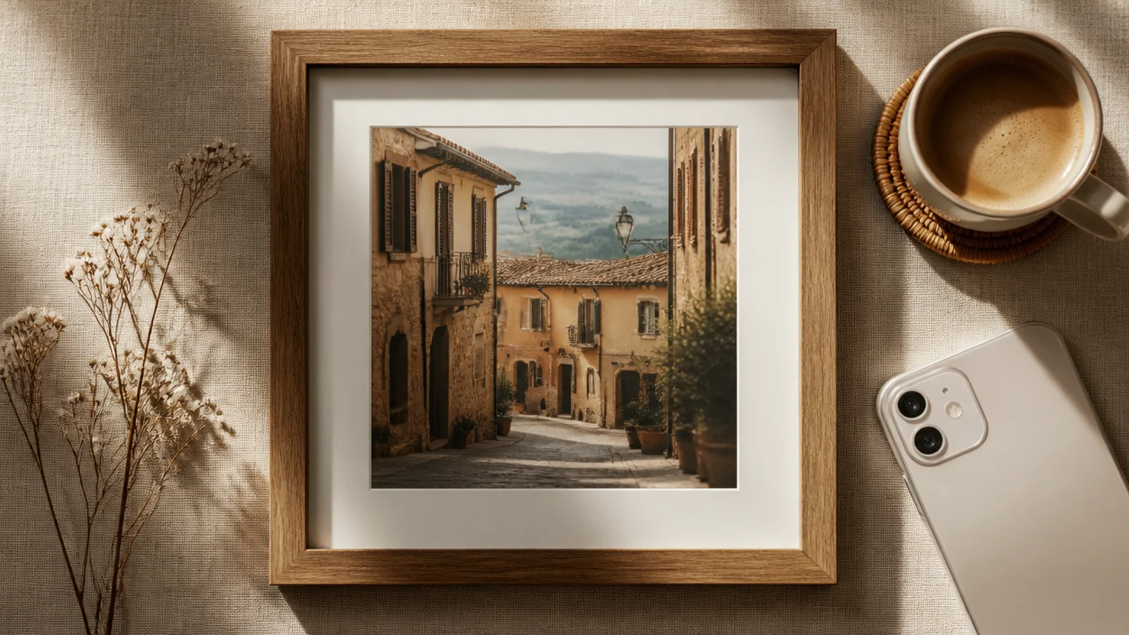 A photo surrounded by a warm natural wood-grain frame like a real picture frame on a wall.