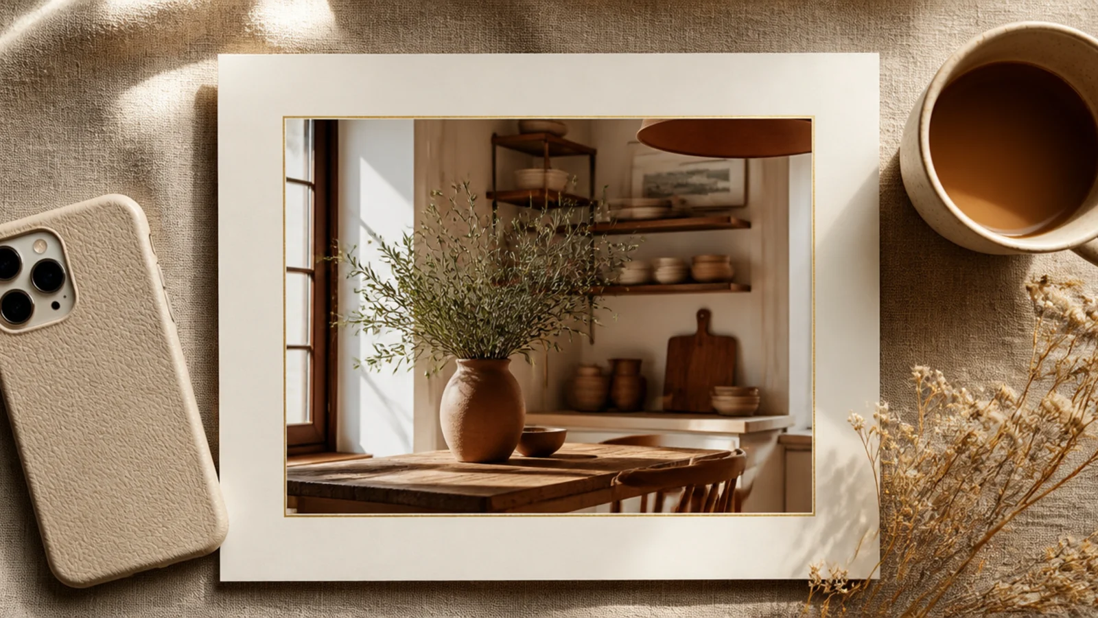 A photo edged by a thin metallic gold foil border on a cream background for a luxe finish.