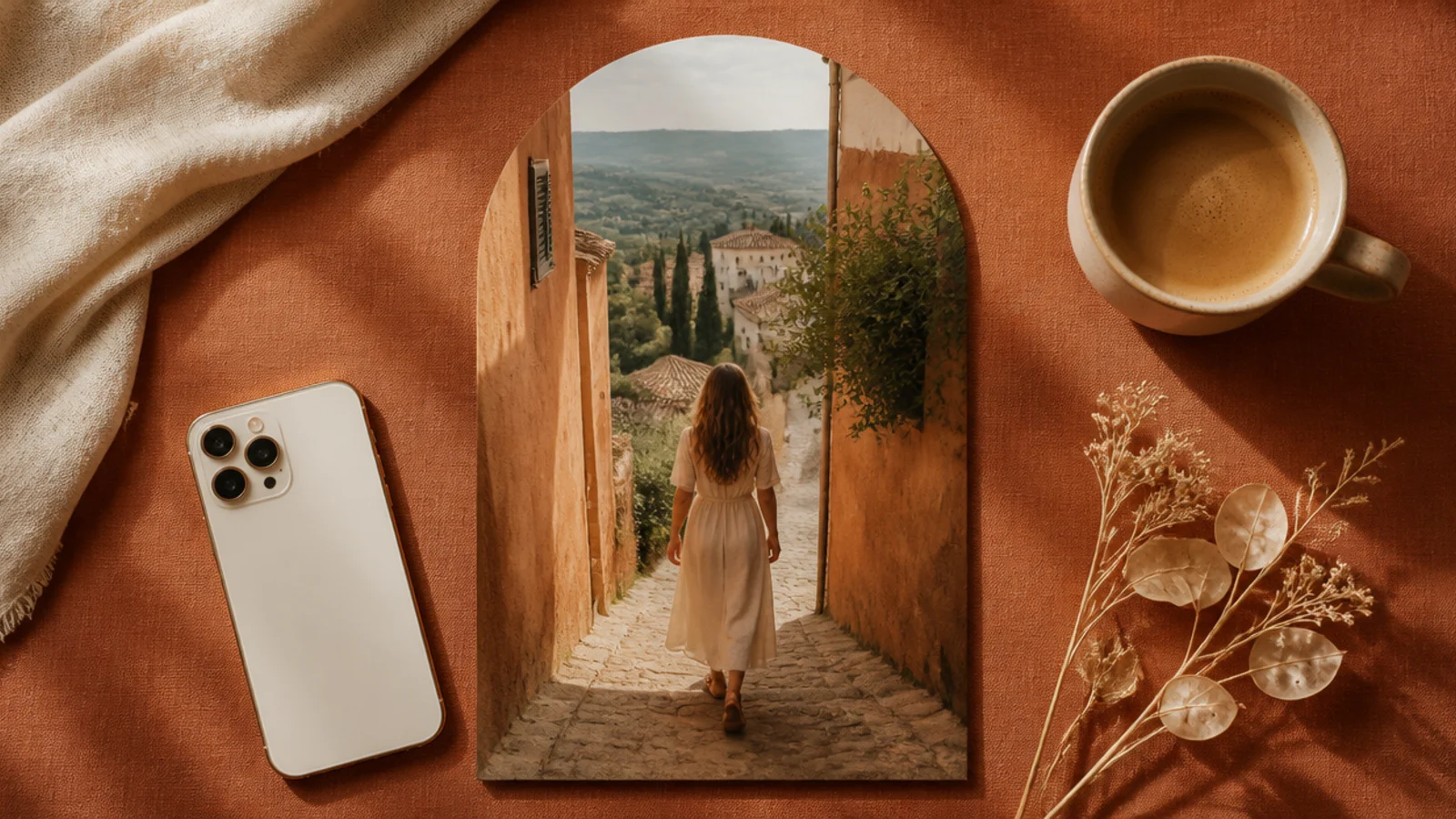 A photo cropped into a tall rounded arch, centered on a terracotta background with even space around it.