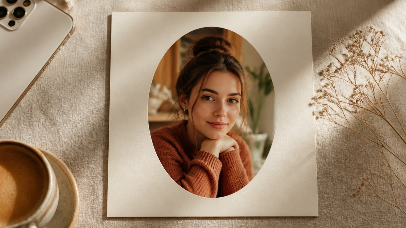 A photo cropped into a soft oval with a gentle vignette, centered on a cream vintage-style mat.