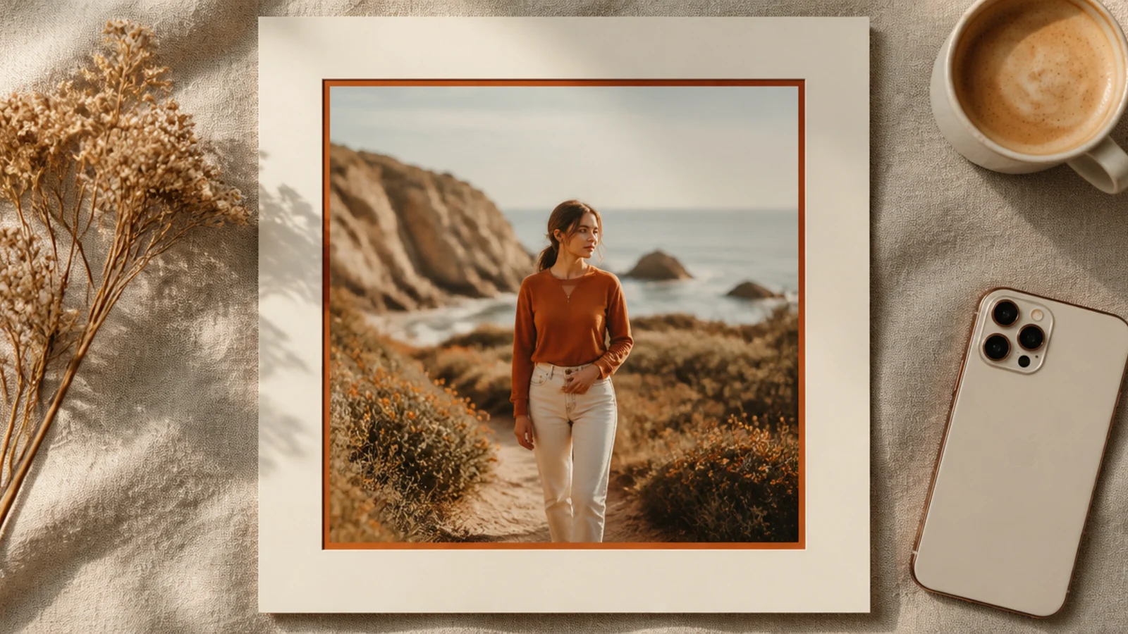 A photo surrounded by two nested mats, an inner terracotta line and an outer cream border, like a framed print.