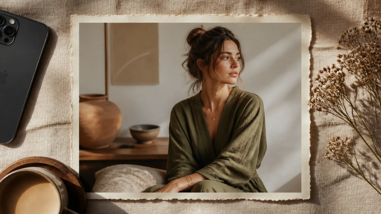 A photo layered over textured cream paper with rough torn deckled edges showing around all sides.