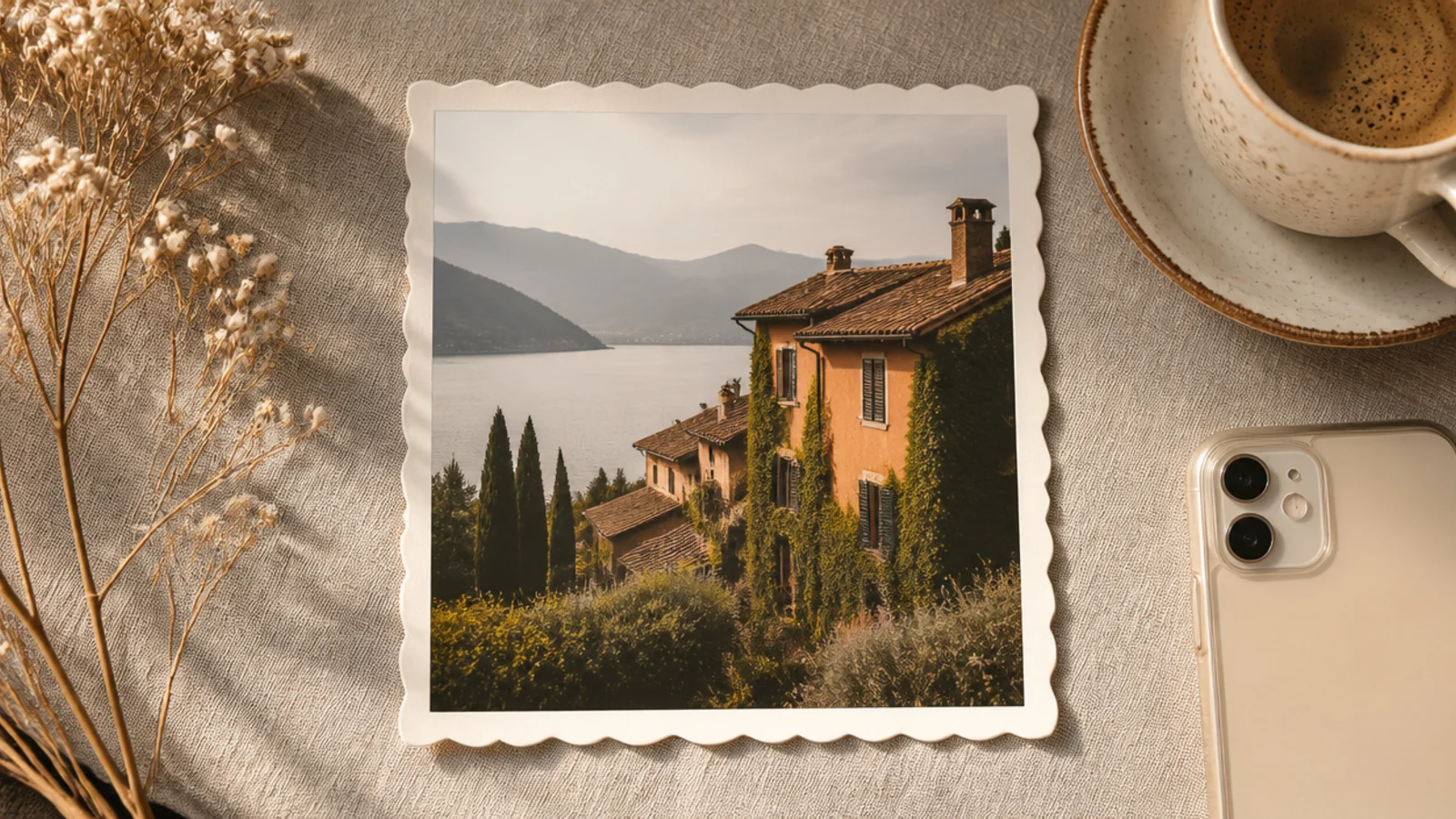 A photo with a decorative scalloped cream border curving around all four edges like a vintage print.