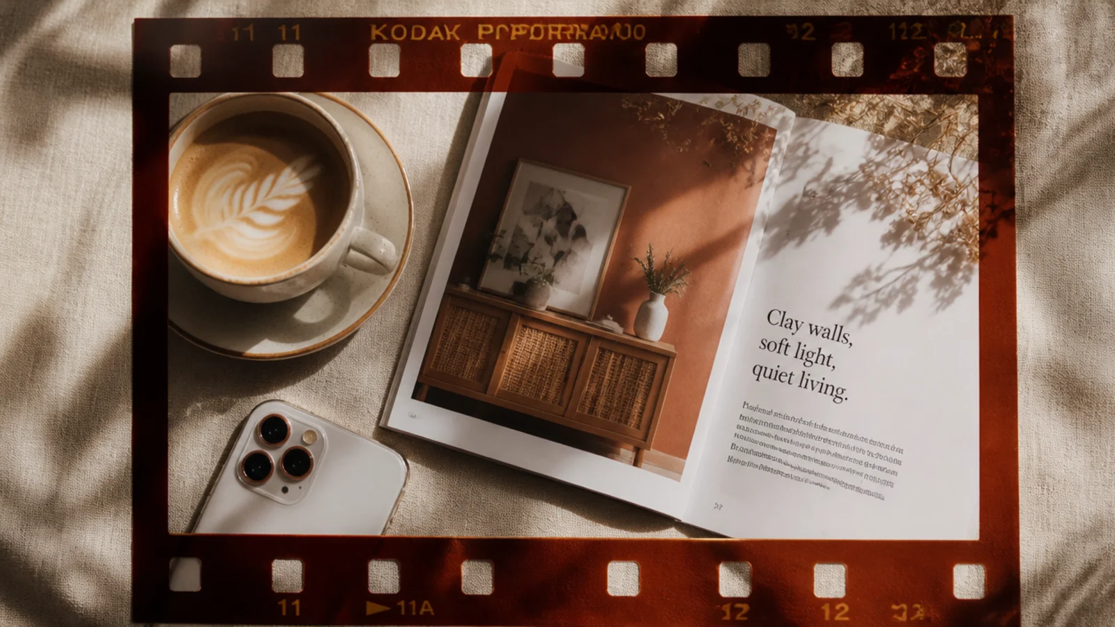 A photo set inside a brown film-negative strip frame with sprocket holes and frame numbers along the edges.